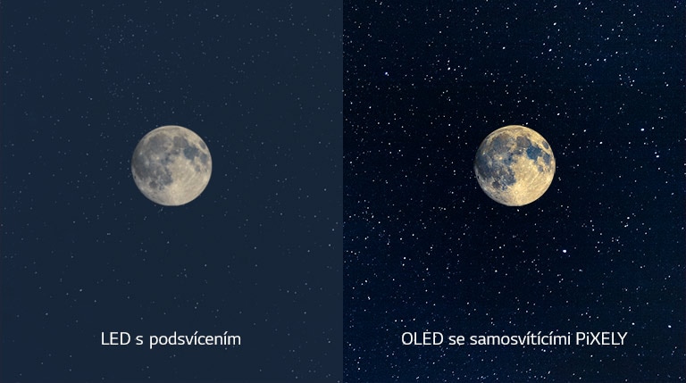 Záběr na měsíc, LED vlevo se zastřenou černou a OLED vpravo s dokonalou černou (přehrát video)