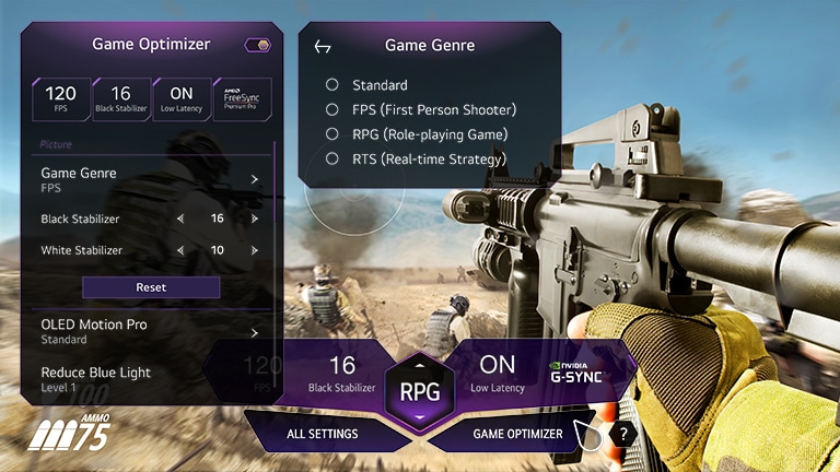 Na displeji je zobrazena scéna ze hry, ve které muž drží zbraň uprostřed války z pohledu první osoby. Na záběru je otevřena nabídka Game Dashboard. Když je v nabídce Game Dashboard stisknuto tlačítko funkce Game Optimizer, zobrazí se obrazovka Game Optimizer.