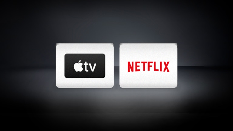 Logo Netflix, logo Apple TV jsou uspořádány vodorovně na černém pozadí. 	