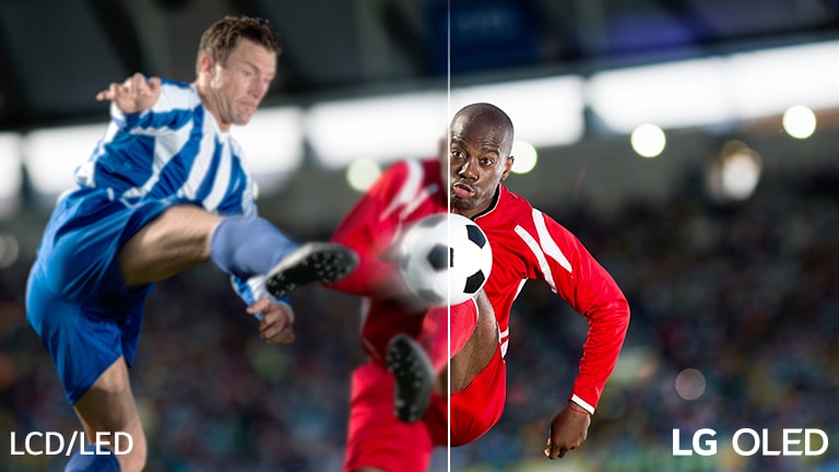Záběr na fotbalový zápas, rozdělený kvůliScéna hraní fotbalu je pro vizuální srovnání rozdělena na dvě. Na obrázku je text LCD / LED vlevo dole a logo LG OLED vpravo dole.vizuálnímu porovnání do dvou částí. Na obrázku je vlevo dole text LCD/LED a logo LG OLED vpravo dole.