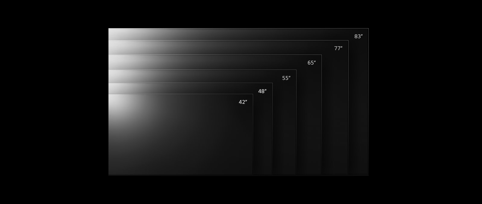 Řada TV LG OLED C2 v různých velikostech od 42 palců do 83 palců.