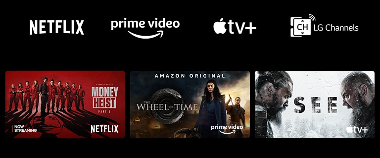 Plakát Money Heist od Netflixu, The Book Boba Fett od Disney Plus, The Wheel of Time od Prime Video, See od Apple TV Plus a Insecure od HBO Max 
