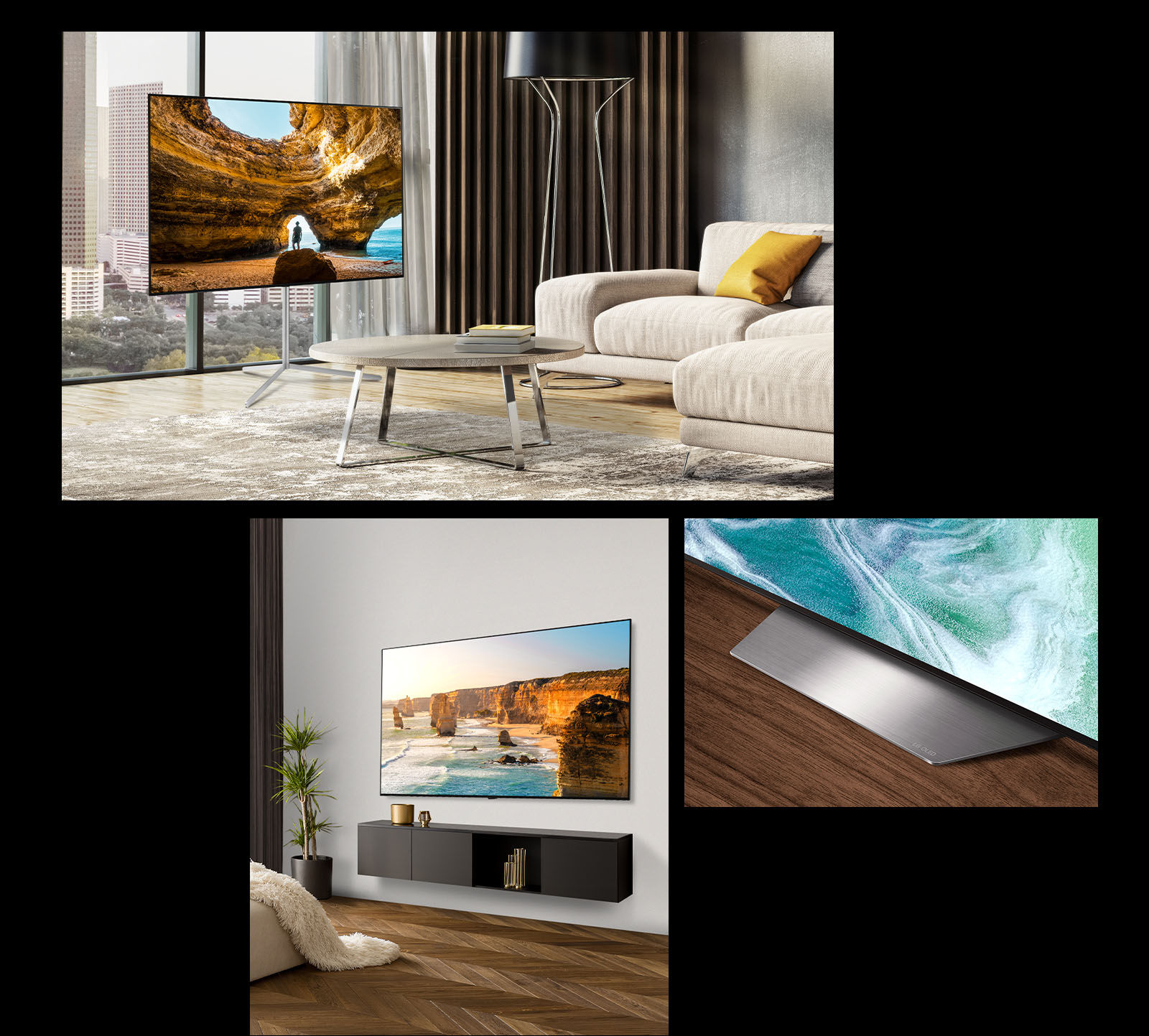Obrázek LG OLED B3 na televizním stolku před oknem s výhledem na panoráma města. LG OLED B3 na stěně moderního pokoje. Spodní roh stojanu s televizorem LG OLED B3.