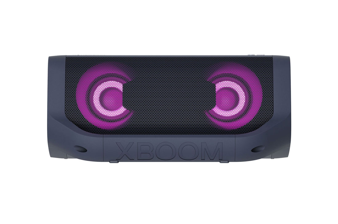 LG PN5 Audio systém, Pohled zepředu na LG XBOOM Go s fialovým podsvícením., PN5