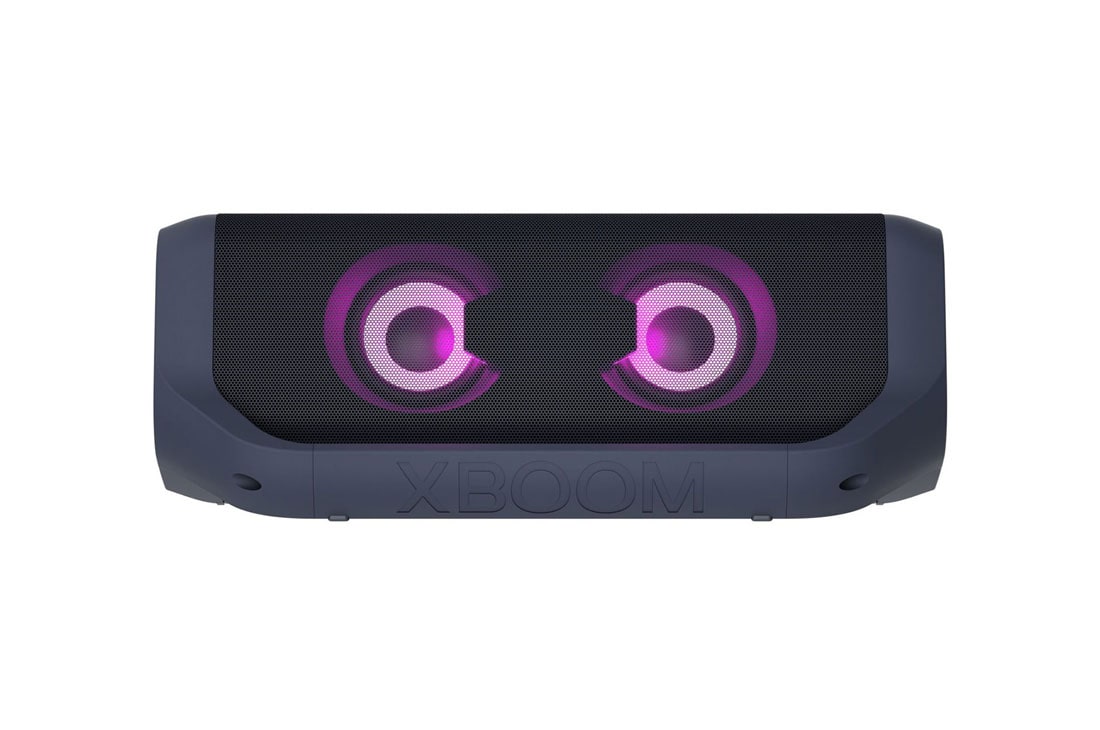 LG PN7 Audio systém, Pohled zepředu na LG XBOOM Go s fialovým podsvícením., PN7