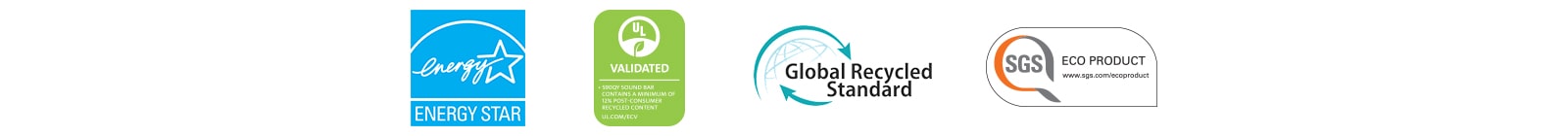 Z leva je vyobrazeno ENERGY STAR (logo), UL VALIDATED (logo), Global Recycled Standard (logo), SGS ECO PRODUCT (logo).