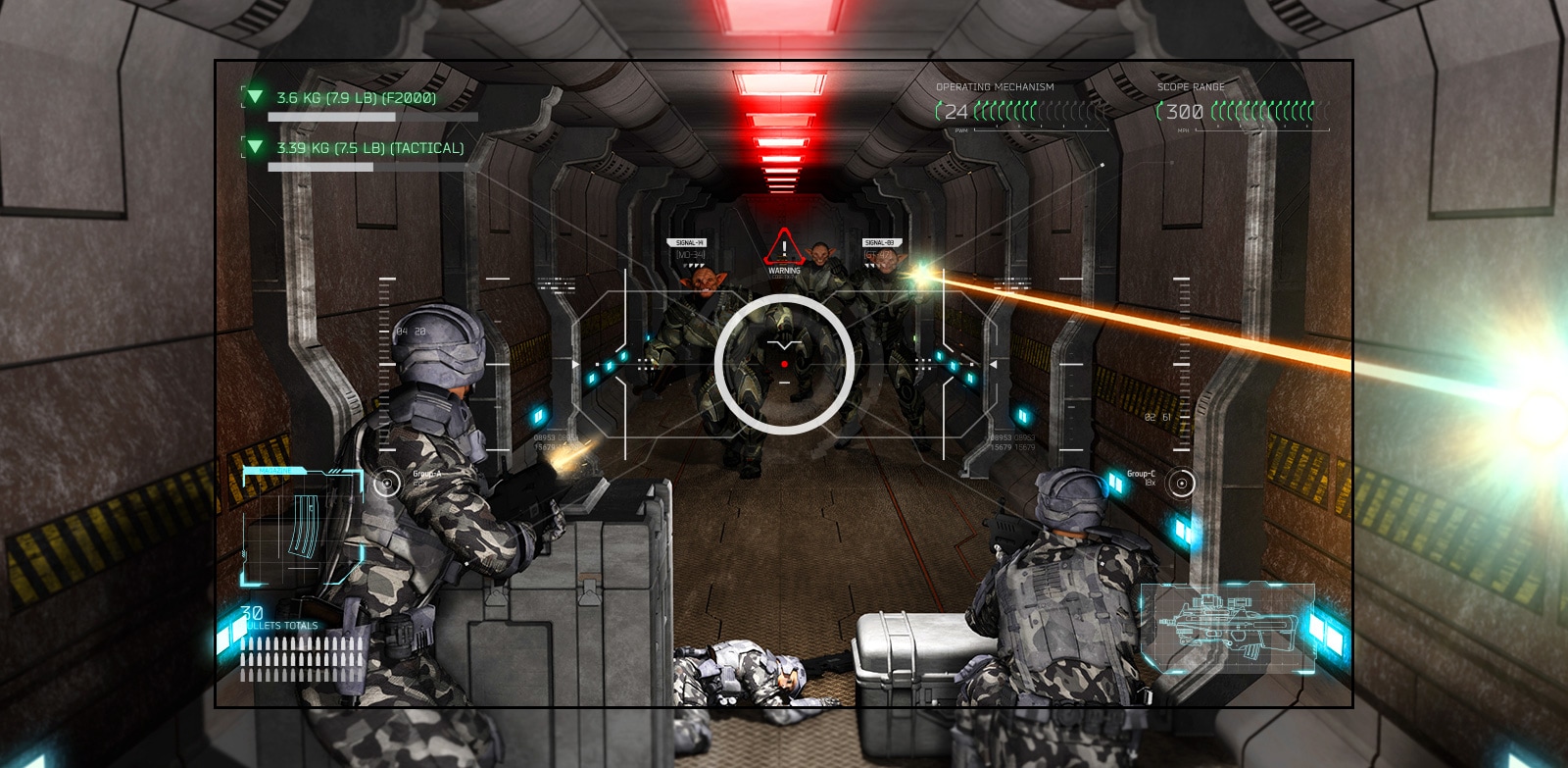 Televizní obrazovka se scénou ze střílečky, kde je hráč přečíslen mimozemšťany se zbraněmi.