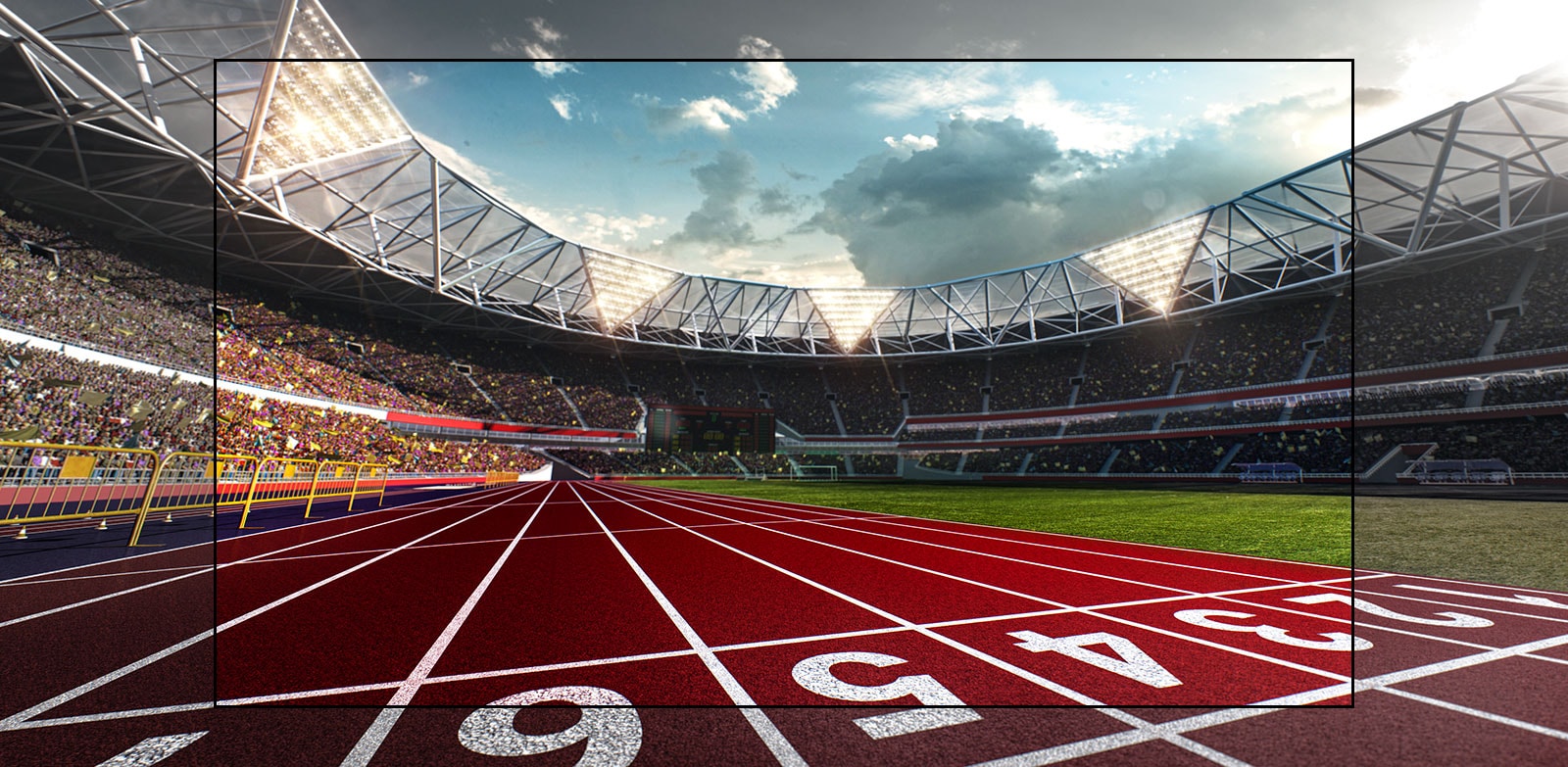Televizní obrazovka se stadionem a detailním pohledem na běžeckou dráhu. Stadion je plný diváků.