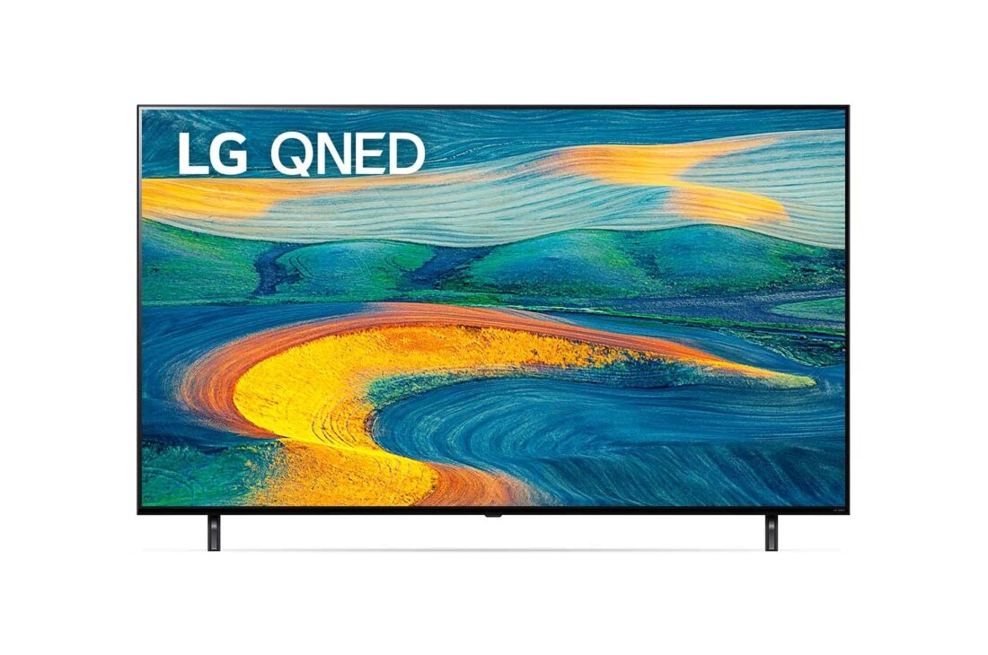 LG 55'' LG QNED TV, webOS Smart TV, Pohled zepředu na TV LG QNED s výplňovým obrázkem a logem produktu, 55QNED7S3QA, thumbnail 6