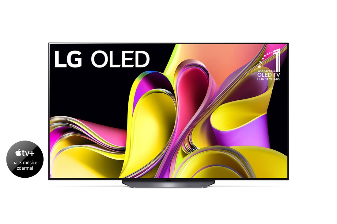 LG OLED B3 65'' 4K Smart TV 2023, Pohled zepředu na LG OLED a odznáček s nápisem „10 let světová jednička mezi OLED televizory“., OLED65B33LA