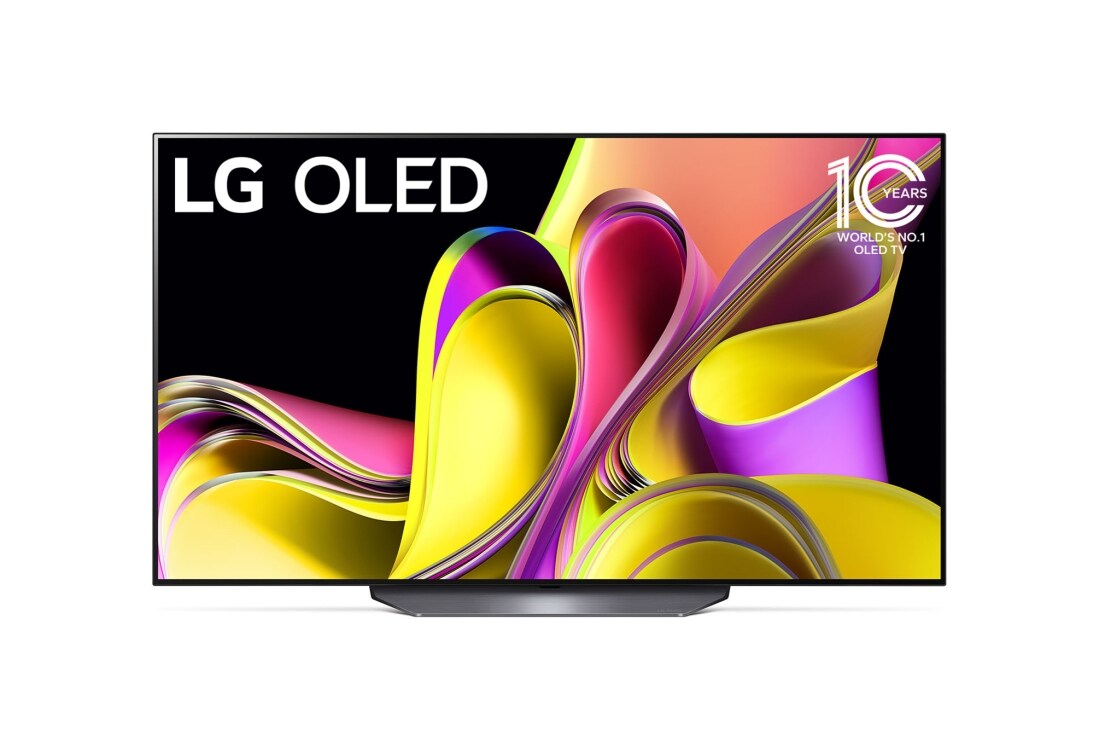 LG OLED B3 55'' 4K Smart TV 2023, Pohled zepředu na LG OLED a odznáček s nápisem „10 let světová jednička mezi OLED televizory“., OLED55B33LA