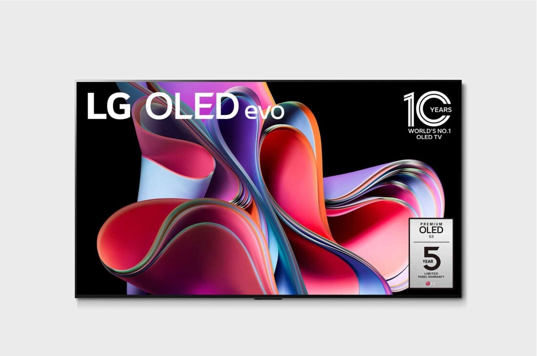 LG OLED evo G3 65'' 4K Smart TV 2023, Čelní pohled na LG OLED evo, odznáček s nápisem „10 let světová jednička mezi OLED televizory“ a logem pětileté záruky na panel na obrazovce, OLED65G33LA, thumbnail 0