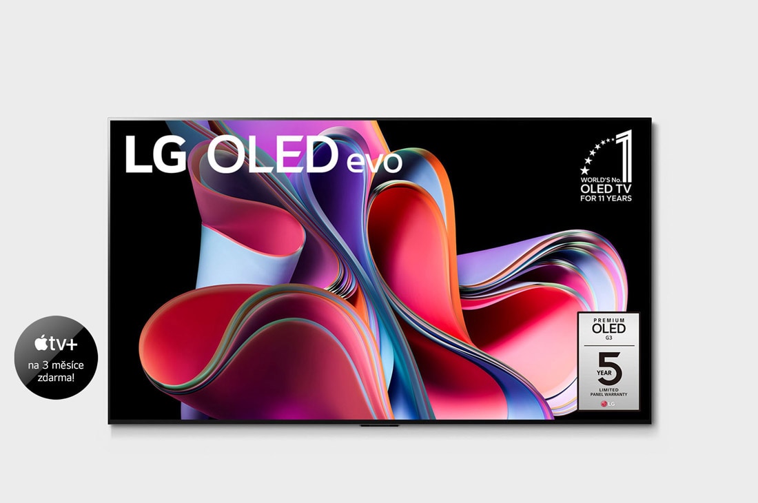 LG OLED evo G3 83'' 4K Smart TV 2023, Čelní pohled na LG OLED evo, odznáček s nápisem „10 let světová jednička mezi OLED televizory“ a logem pětileté záruky na panel na obrazovce, OLED83G33LA