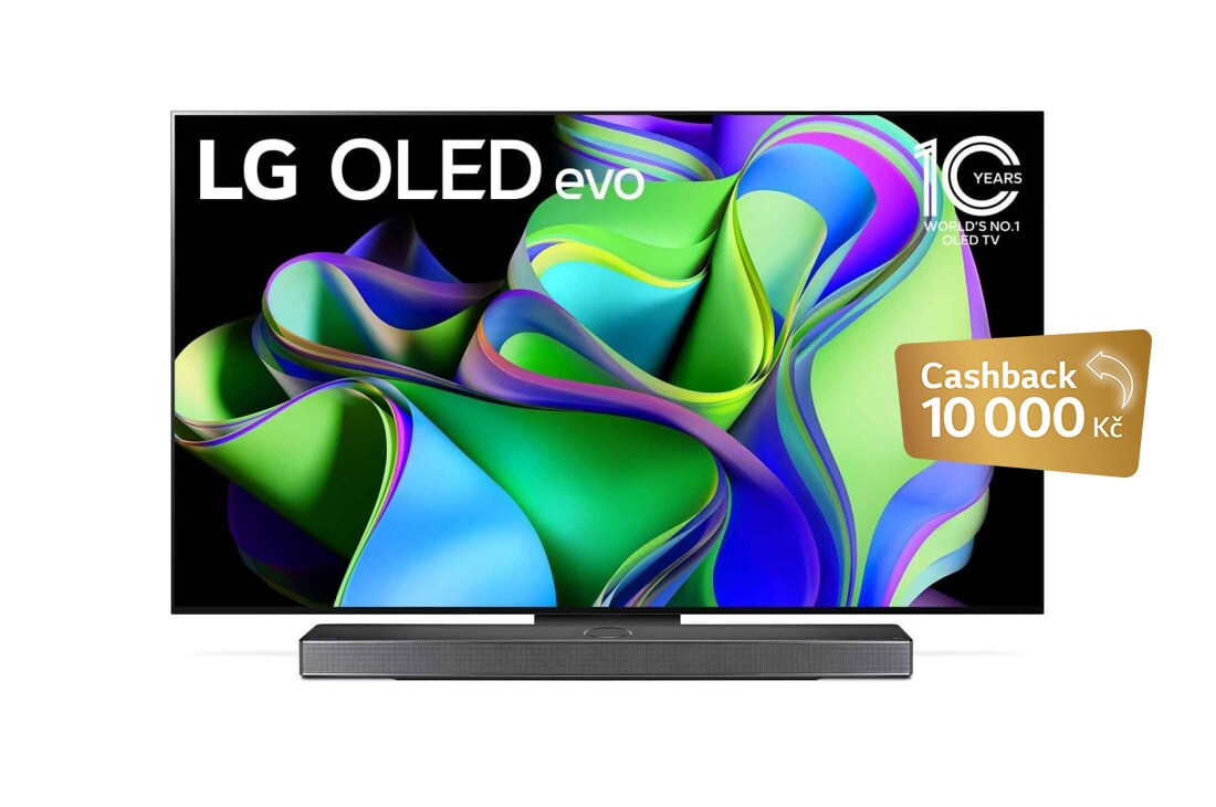 LG OLED evo C3 65'' 4K Smart TV 2023, Čelní pohled na LG OLED evo, odznáček s nápisem „10 let světová jednička mezi OLED televizory“ na obrazovce a soundbar pod ní. , OLED65C31LA