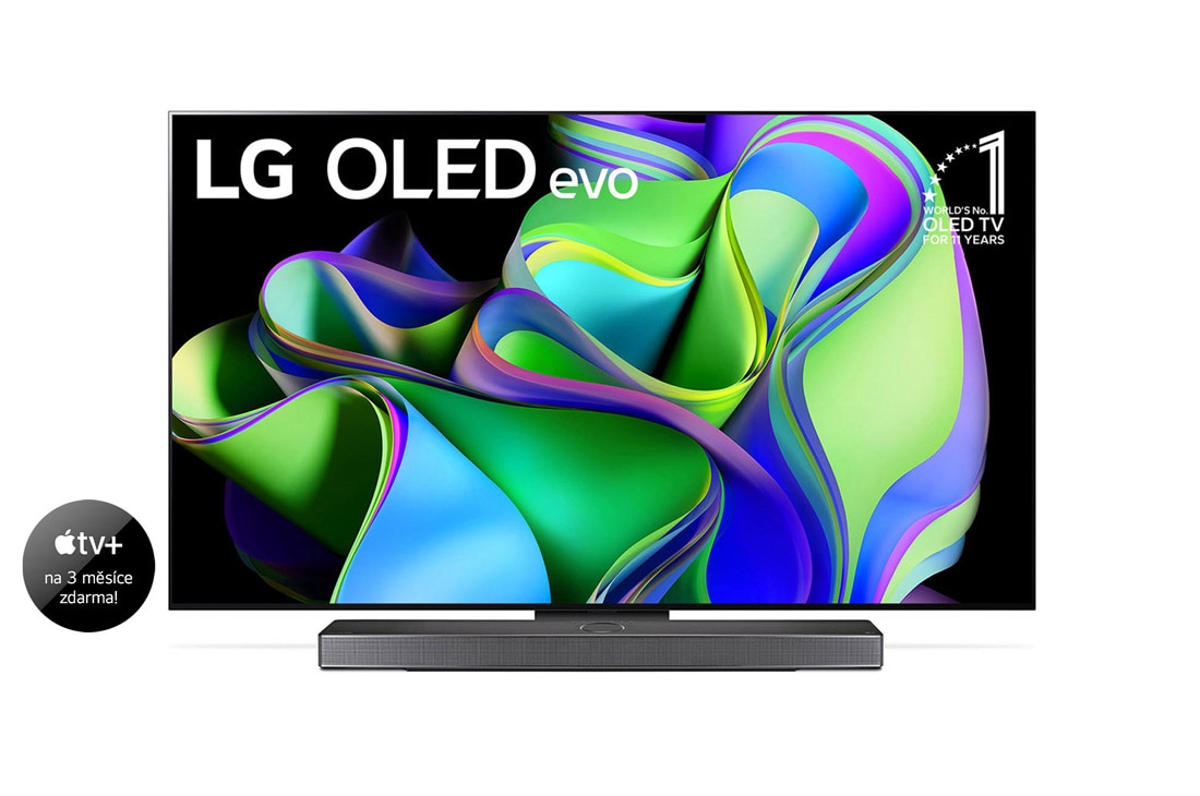 LG OLED evo C3 77'' 4K Smart TV 2023, Čelní pohled na LG OLED evo, odznáček s nápisem „10 let světová jednička mezi OLED televizory“ na obrazovce a soundbar pod ní. , OLED77C31LA