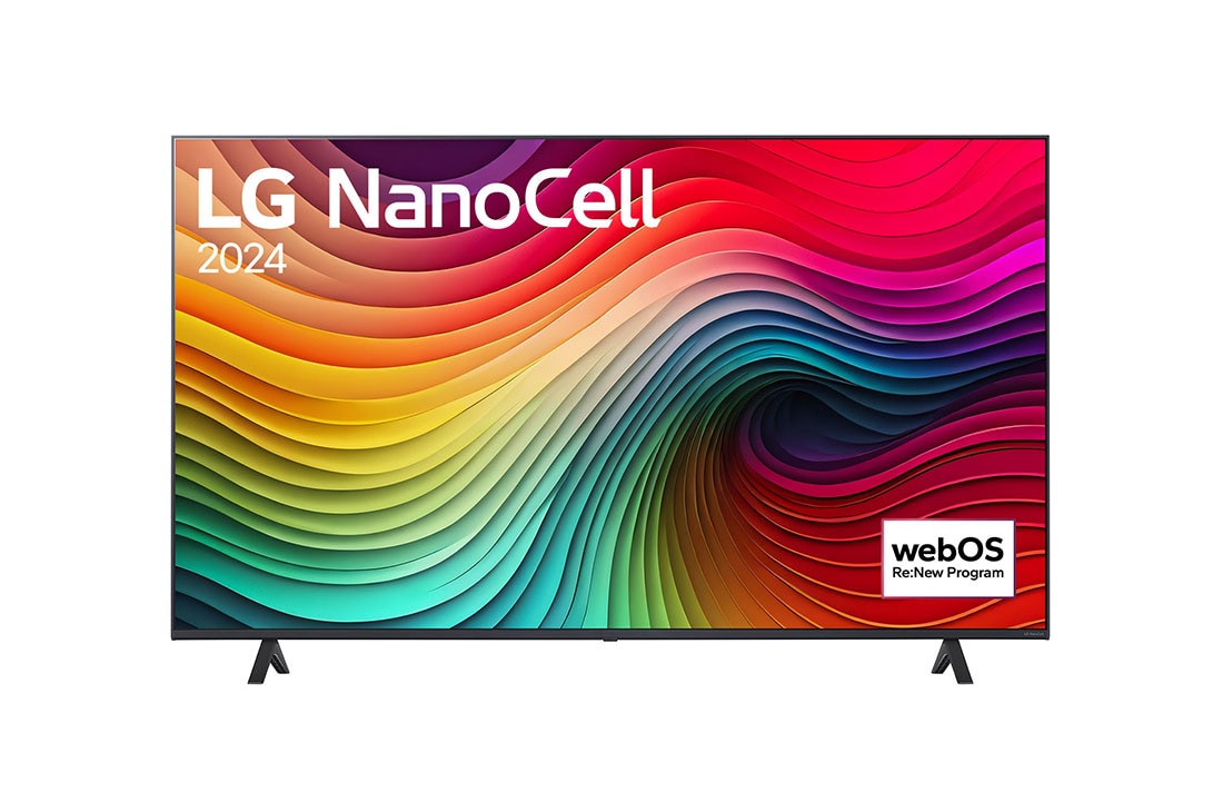 LG 50'' LG NanoCell NANO82 4K Smart TV 2024, Čelní pohled na televizor LG NanoCell TV, NANO80 zobrazující na obrazovce text LG NanoCell, 2024 a logo programu webOS Re:New, 50NANO82T6B