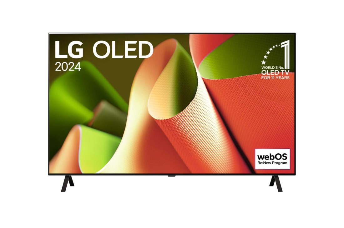 LG 65'' LG OLED evo B4 4K Smart TV OLED77B4, Pohled zepředu s televizorem LG OLED TV, OLED B4, emblémem 11 let na pozici světové jedničky OLED a logem webOS Re:New Program na obrazovce s dvousloupkovým stojanem, OLED65B46LA