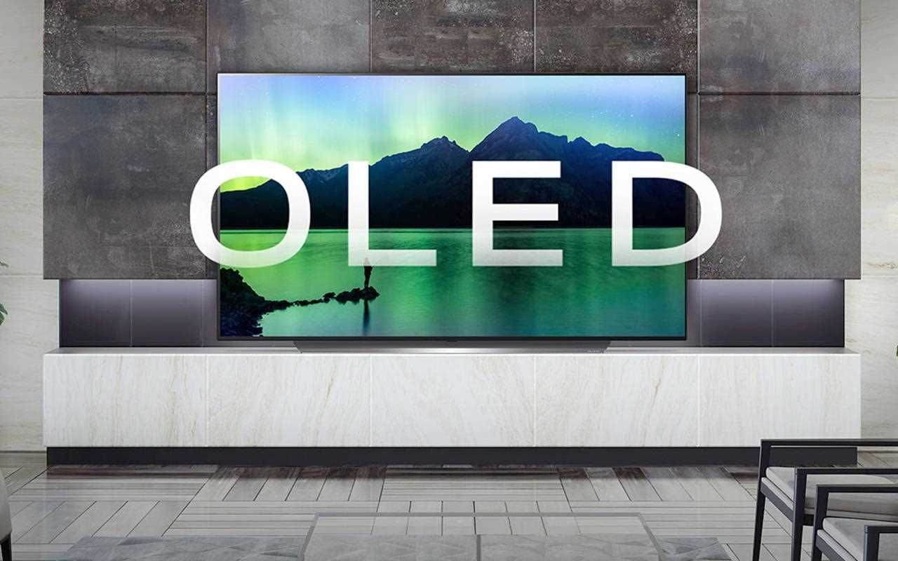 Televizor LG OLED s obrazem na šířku na obrazovce.