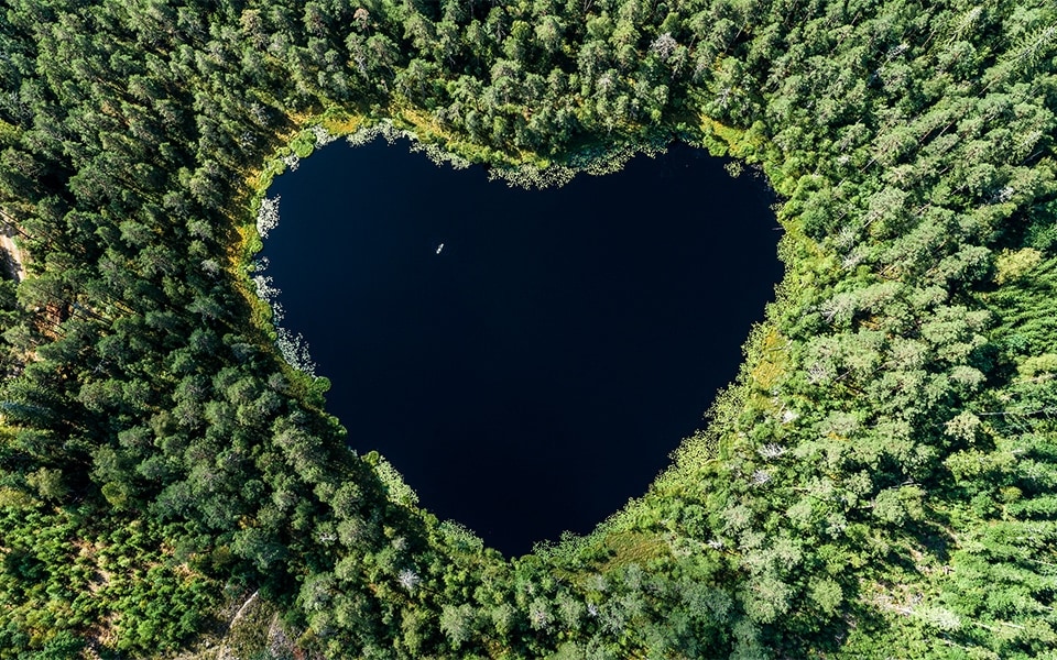Overhead shot of a heart-shaped lake in a dense green forest