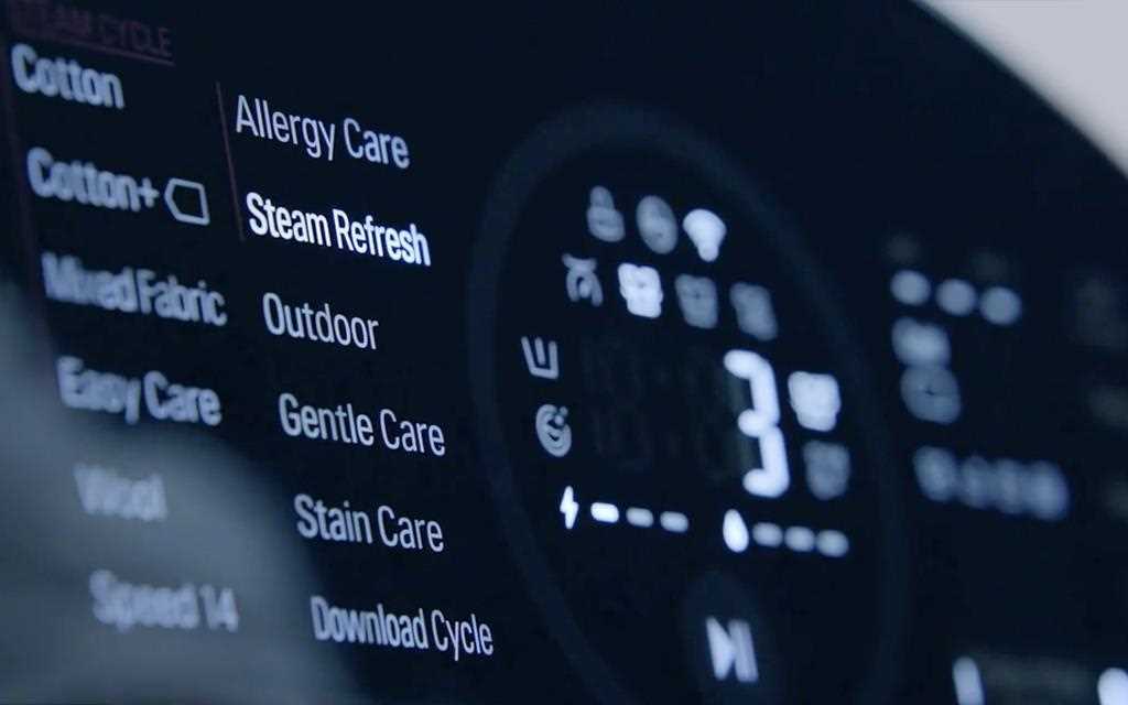 Buttons and display on the LG SIGNATURE TWINWash, including types like cotton, easy care, gentle care and stain care. 
