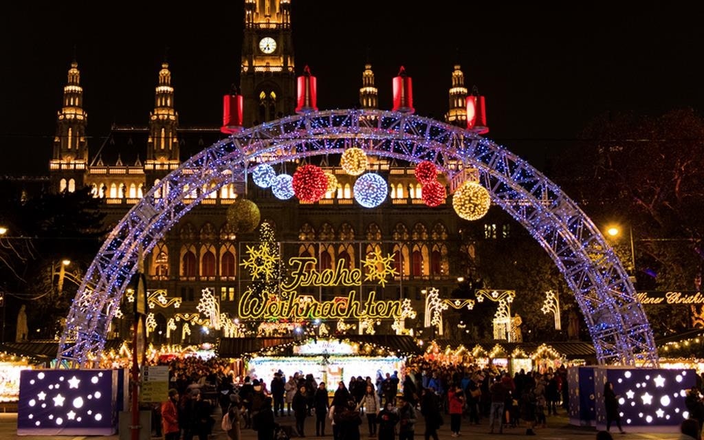 A view of the entrance to the Christmas market in Vienna, Austria.