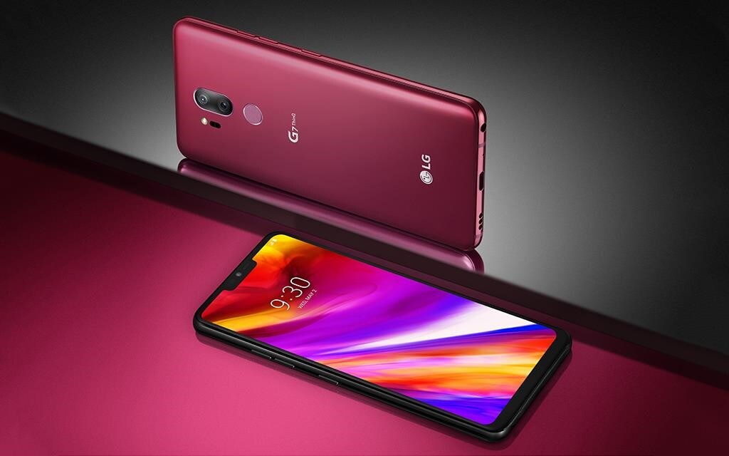 LG G7 smartphone from two different angles; firstly from the back with the camera lens in view and secondly from the side, with the screen and new notch look in view.