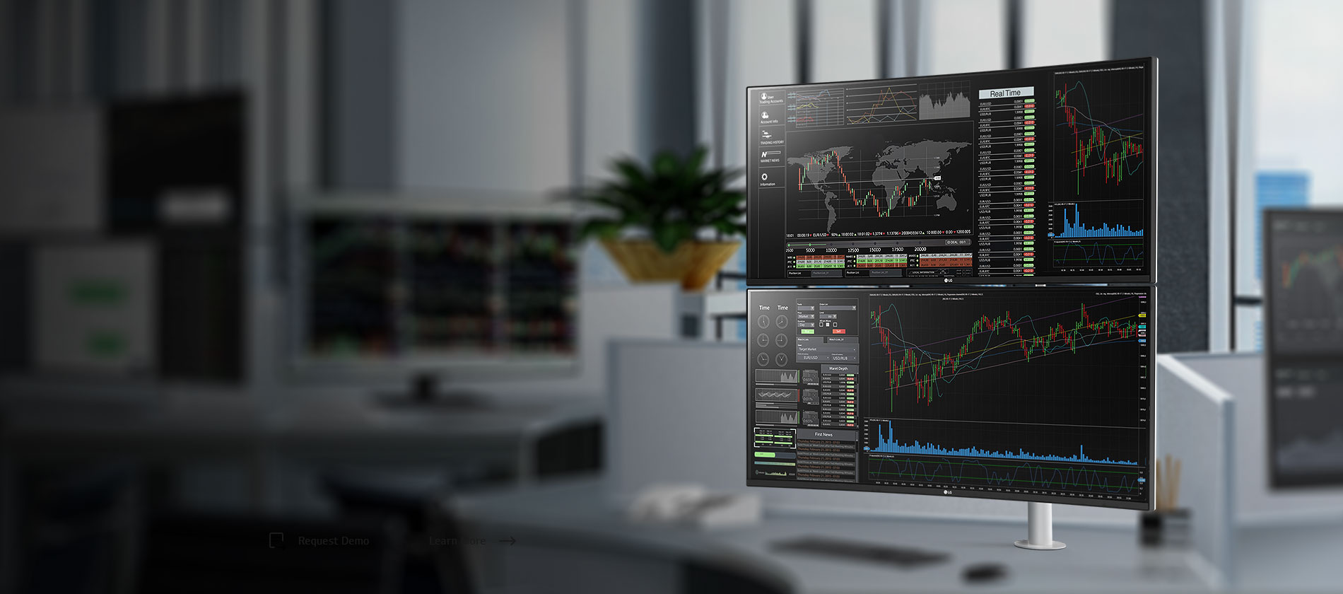 Zwei 38WN95C-Monitore sind an einem dualen, vertikalen Monitorständer installiert und zeigen Bullet-Merkmale