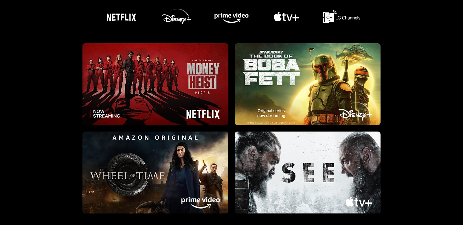 Plakat Money Heist od Netflixa, The Book of Boba Fett od Disney Plus, The Wheel of Time od Prime Video, See od Apple TV Plus in Insecure od HBO Max