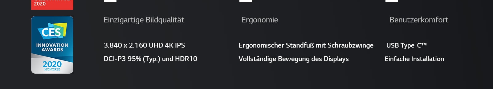 USP von 38UN880: 3.840 x 2.160 UHD 4K IPS, DCI-P3 95 % (Typ.) und HDR 10, ergonomischer Standfuß mit Schraubzwinge, vollständige Bewegung des Displays, USB Type-C™, Einfache Installation