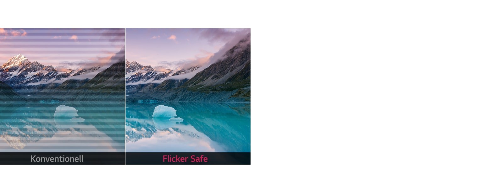 Darstellung des auf fast null reduzierten Bildschirmflimmerns bei eingeschaltetem Flicker Safe, während das Bildschirmflimmern bei ausgeschaltetem Flicker Safe sichtbar auftritt