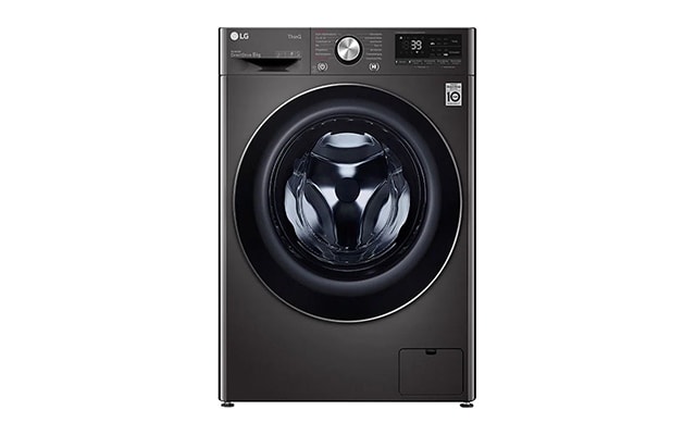 Front view of a F4WV708P2BA LG smart washing machine in black.