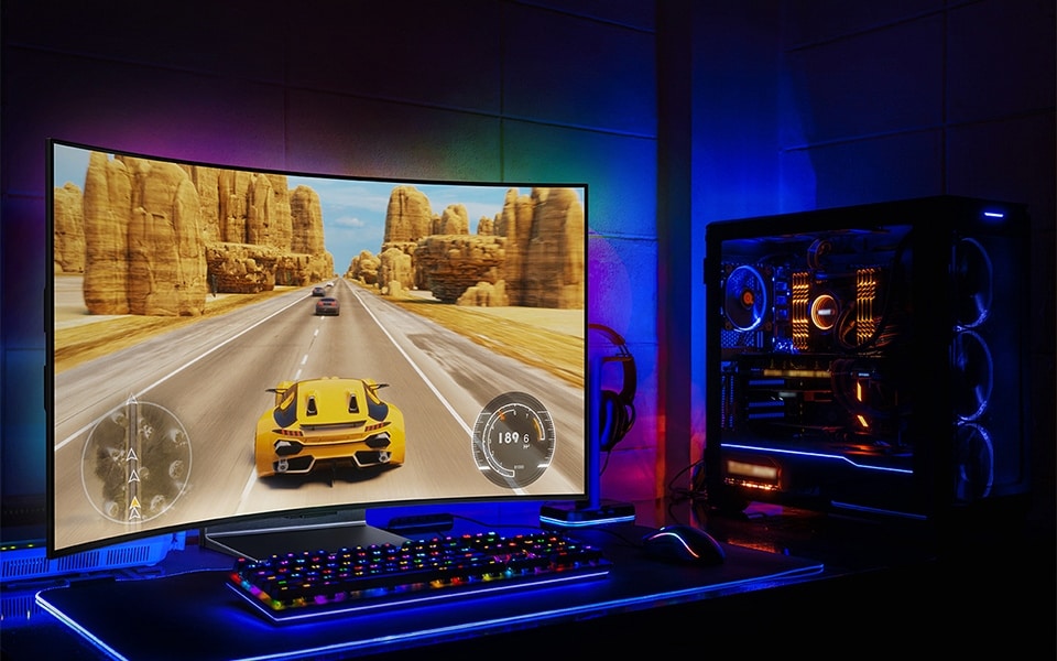 A man plays a game with a curved OLED gaming monitor at the right monitor height