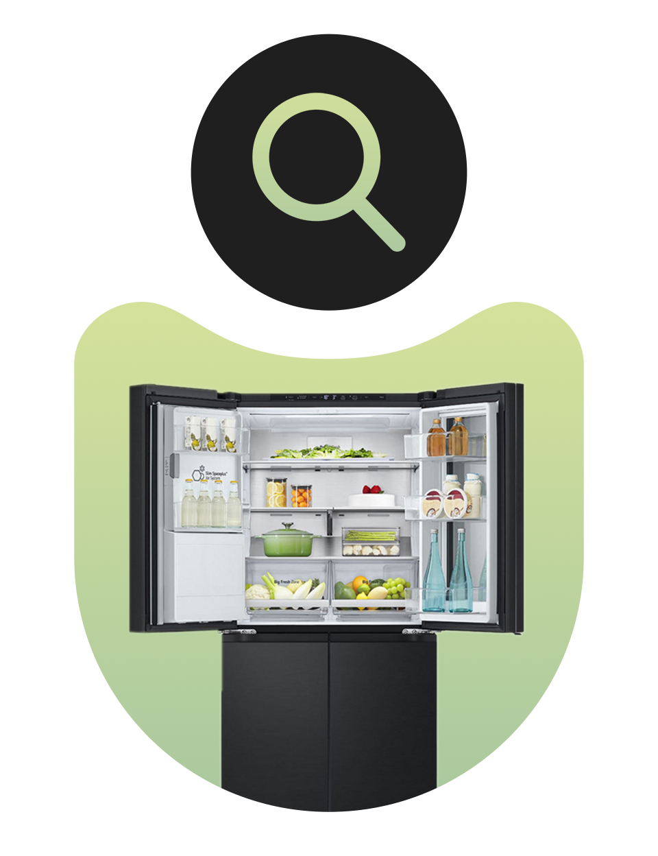 An open LG fridge freezer showcases all of the food it can store with the correct temperature