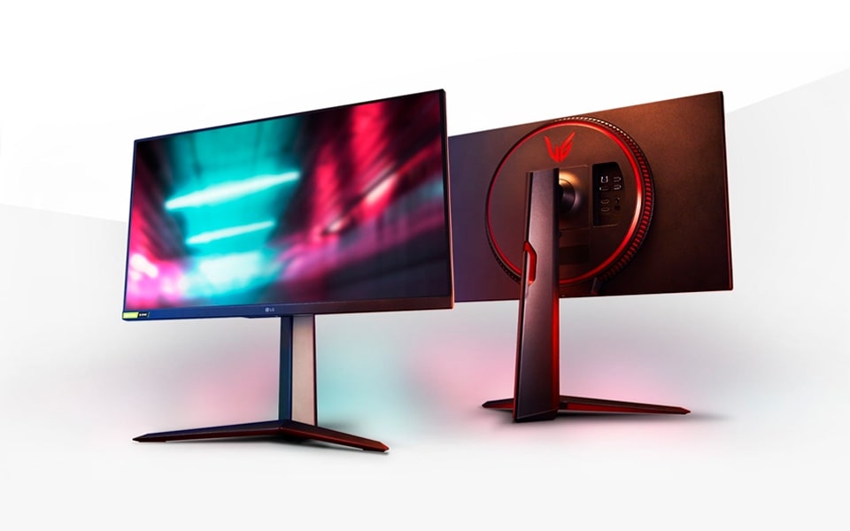 The front and back view of a new LG UltraGear gaming monitor