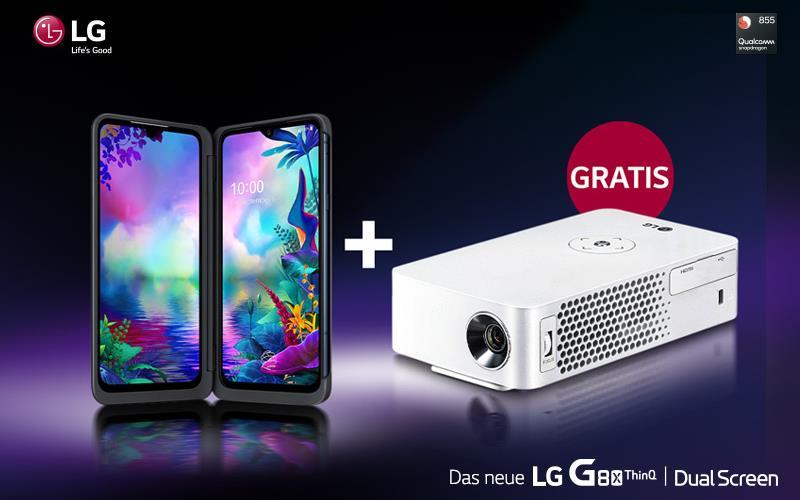 An image presenting the g8x thinq promotion information  - buy G8X ThinQ and get the LG mini projector for free. 