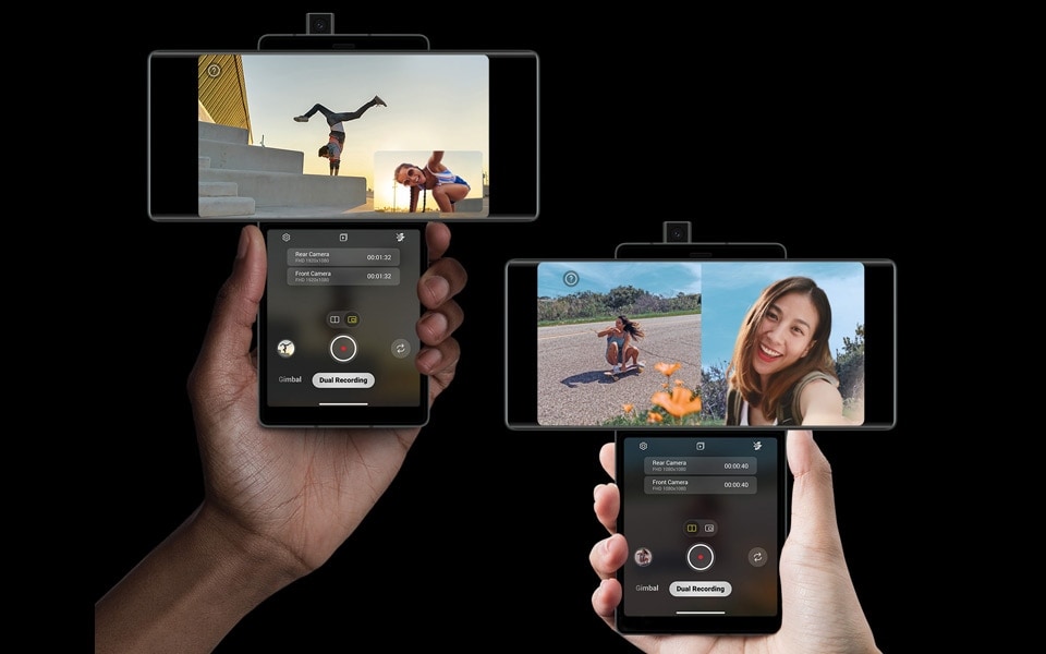 The LG WING showing dual recording with one smartphone showing picture-in-picture recording and another showing side-by-side recording.