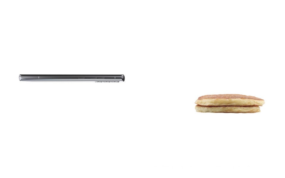A visual comparing the weight of an LG WING with that of a stack of pancakes