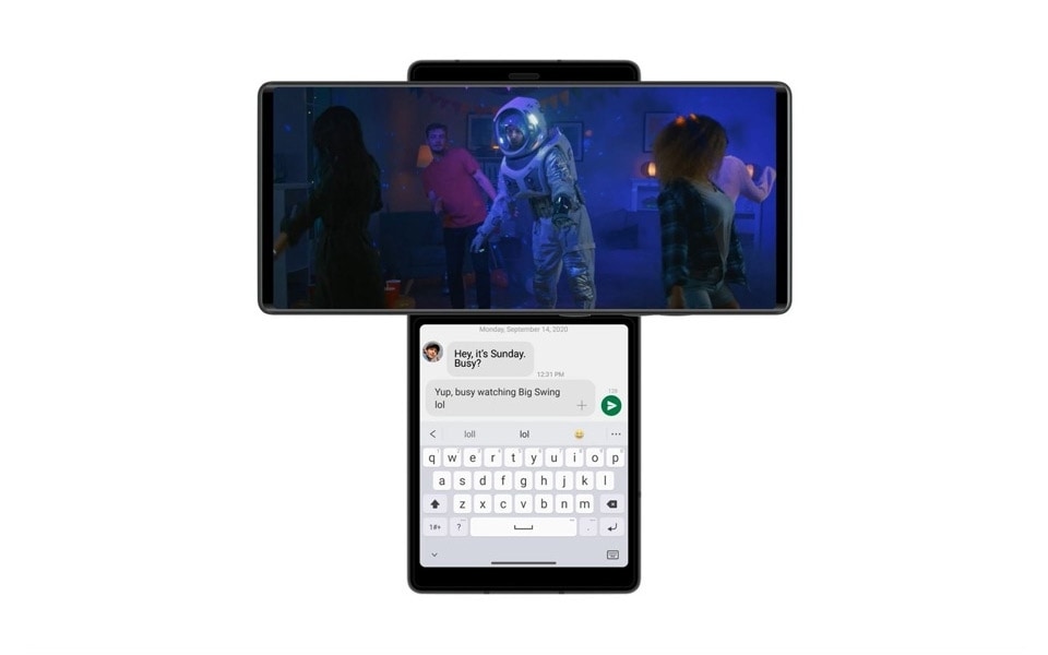 The LG WING allowing users to watch a video on the main screen, while simultaneously sending and receiving messages in swivel mode
