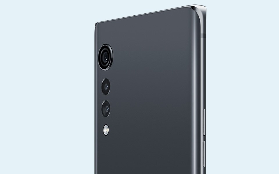 A rear view of the LG VELVET smartphone in Aurora Gray colour