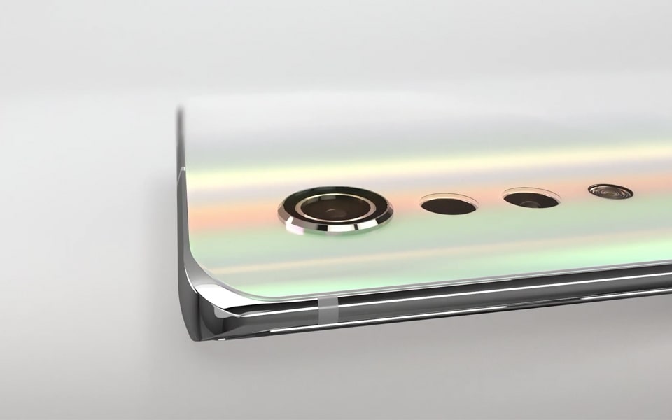 An image of the LG VELVET smartphone showing the raindrop-inspired triple camera on the back side