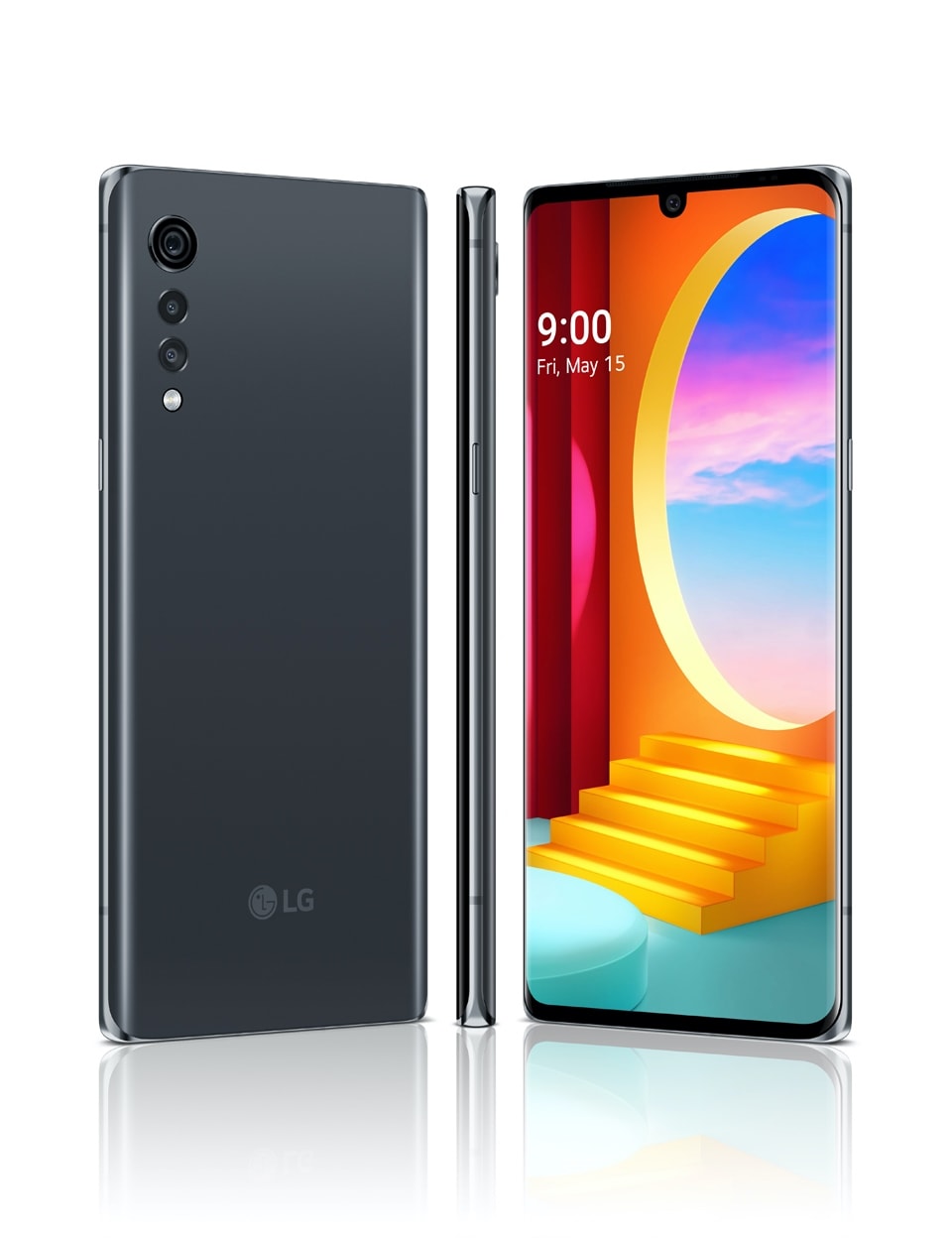 A glam shot of the LG VELVET smartphone in Aurora Gray colour