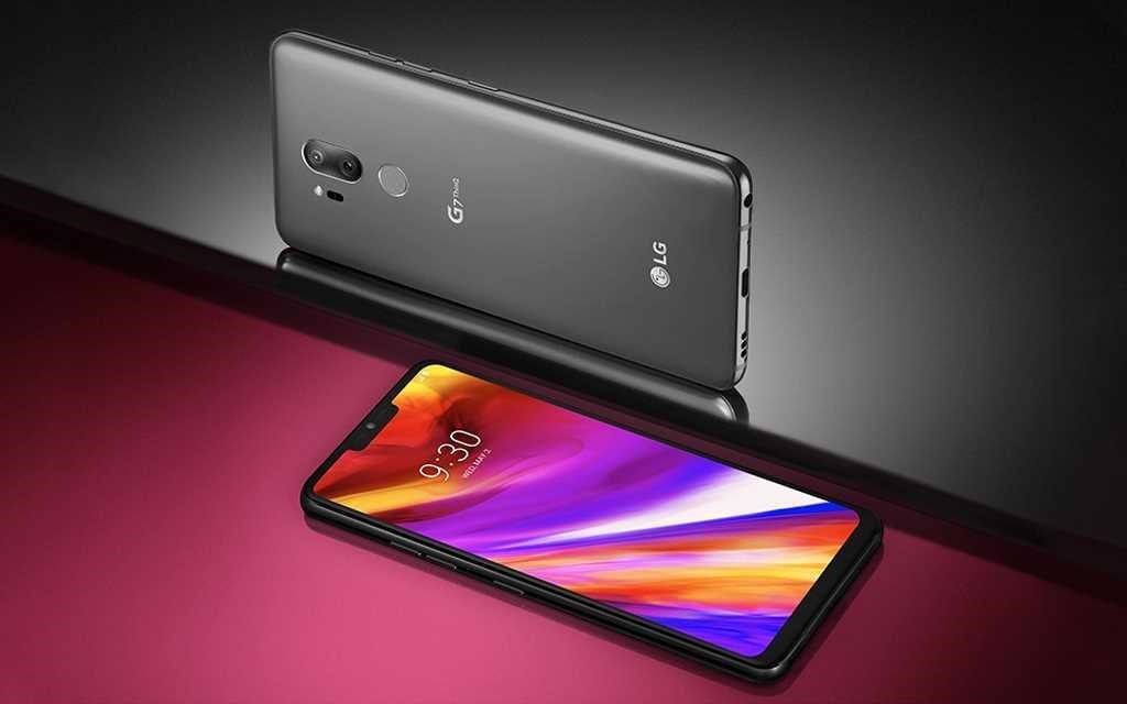 LG G7 smartphone from two different angles; firstly from the back with the camera lens in view and secondly from the side, with the screen and new notch look in view.