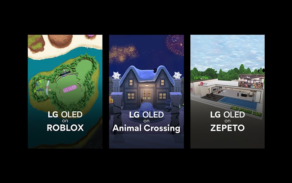 Collage aus drei virtuellen LG OLED-Spielen von der CES 2022.