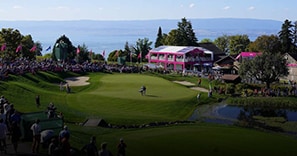 Der Golfplatz des The Amundi Evian Championship aus der Vogelperspektive.