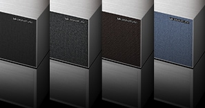 Nahaufnahmen der Lautsprecherstoffe des LG SIGNATURE OLED R in vier verschiedenen Farben.