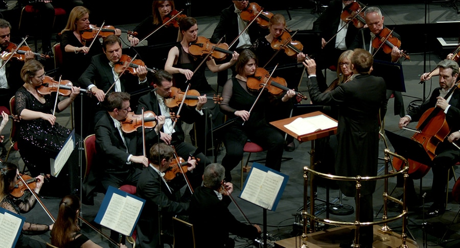 Der Dirigent dirigiert vor den Streichern des Orchesters.