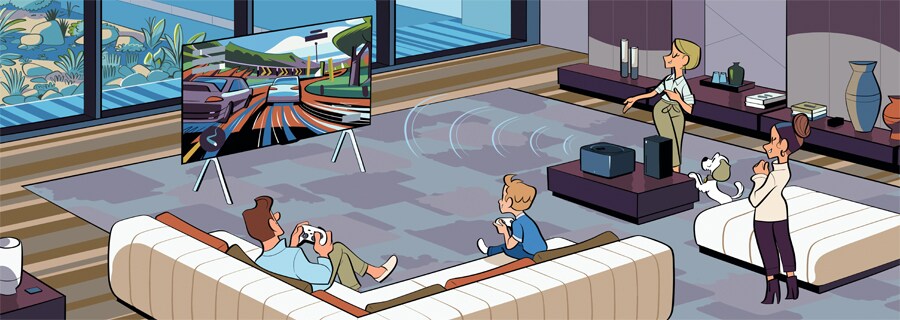 Eine Familie hat gemeinsam Spaß an einem Spiel auf dem OLED M-Bildschirm, während die Zero Connect Box die Inhalte drahtlos überträgt.