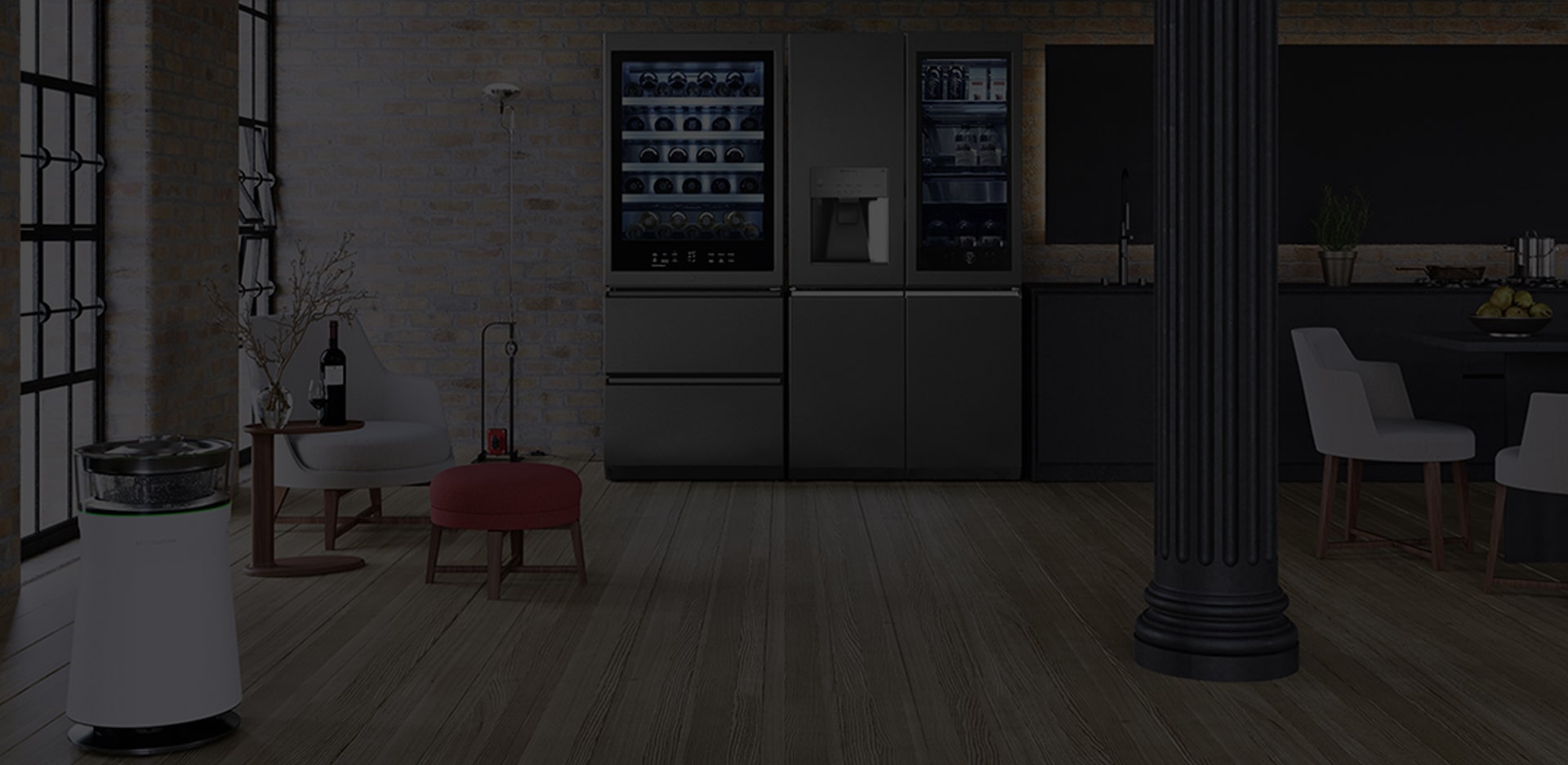 Ein Kühlschrank und ein Weinkühlschrank von LG SIGNATURE wurden zusammen mit Einrichtungsgegenständen von Flexform in einer Küche im Stil eines Lagerhauses aus Backsteinen aufgestellt.
