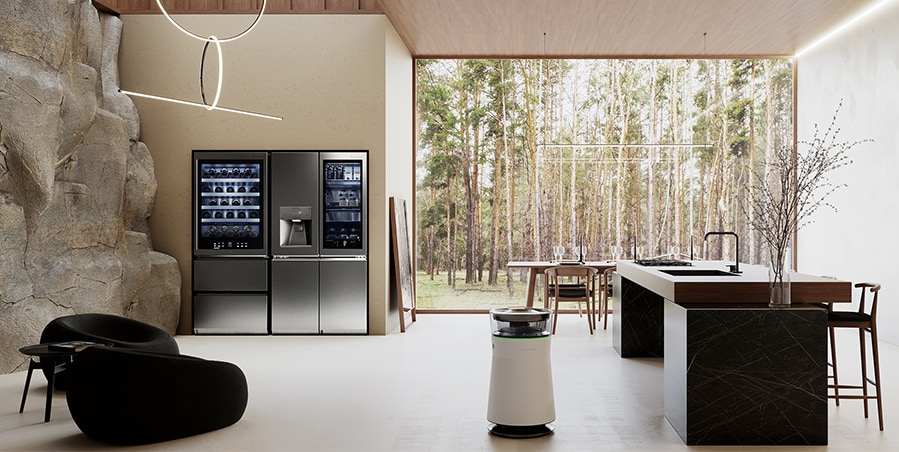Kühlschrank und Weinkühlschrank von LG SIGNATURE wurden in der natürlichen Küche in Harmonie mit dem „Bull Table“ von B&B Italia aufgestellt.