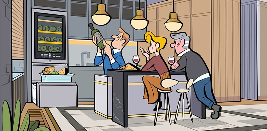 Darstellung mehrerer Personen, die bei einer Flasche Wein um eine Kücheninsel herum versammelt sind. Im Hintergrund ist der Weinkühlschrank zu sehen.